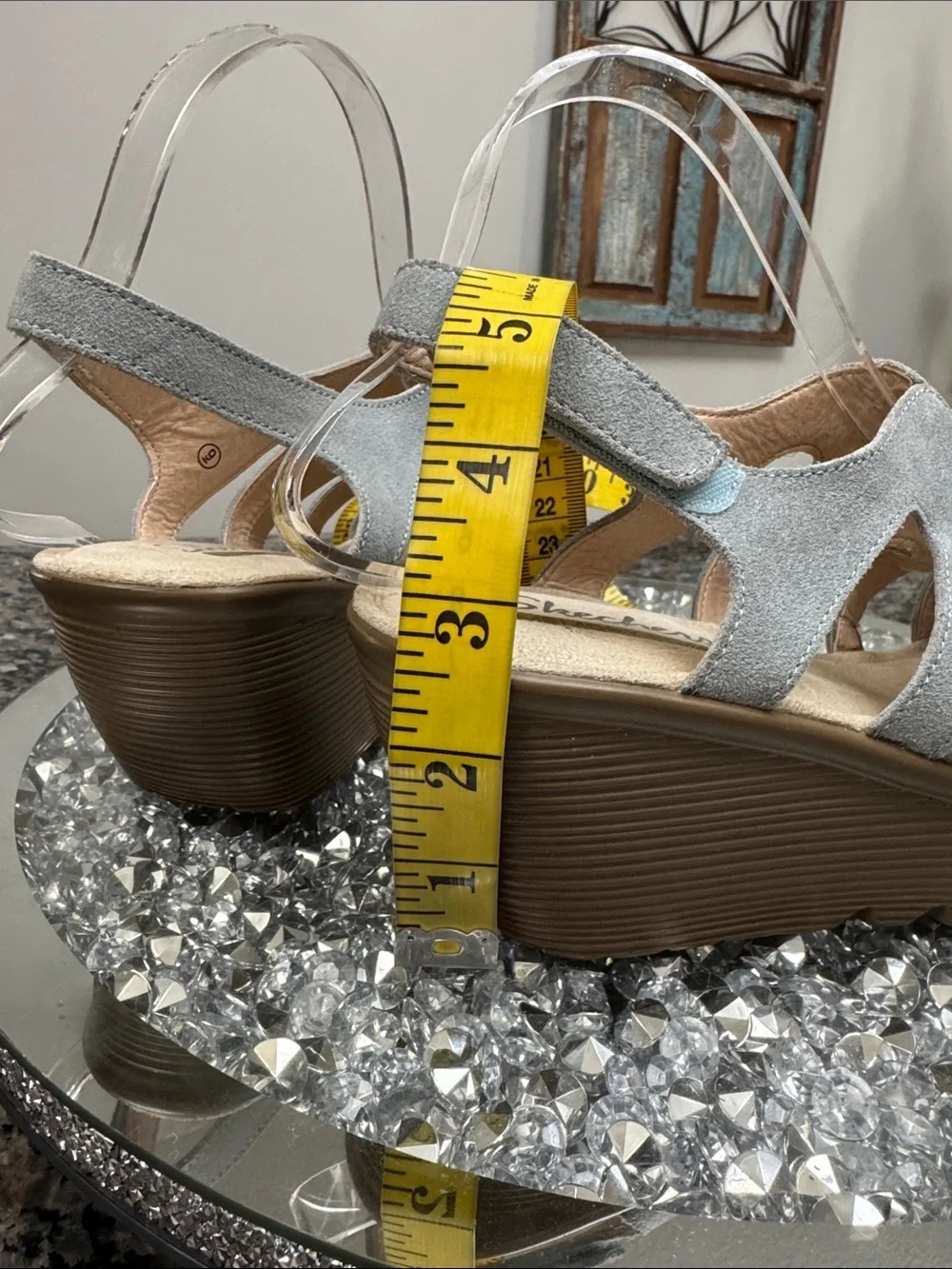 Skechers Light Gray blue Suede Wedge Sandal with Tan Platform 9